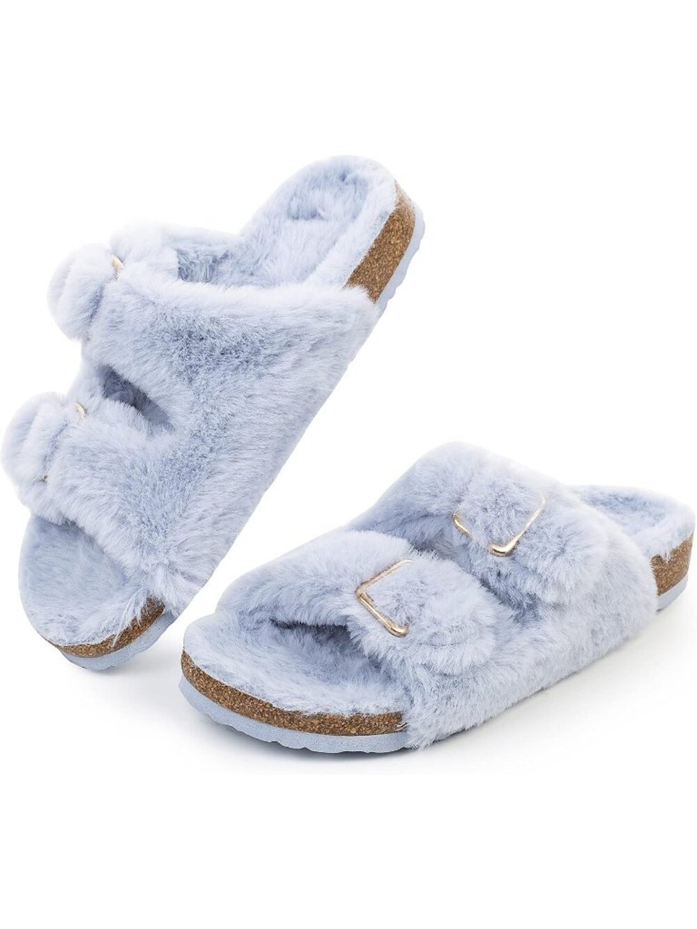 Women's Blue Lightweight Open Toe Comfy Faux Rabbit Fur Elastic Straps Slippers